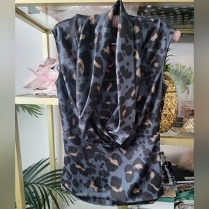 Ann Taylor Cowl Neck Leopard Sleeveless Top in Navy Blue Women's Size 2